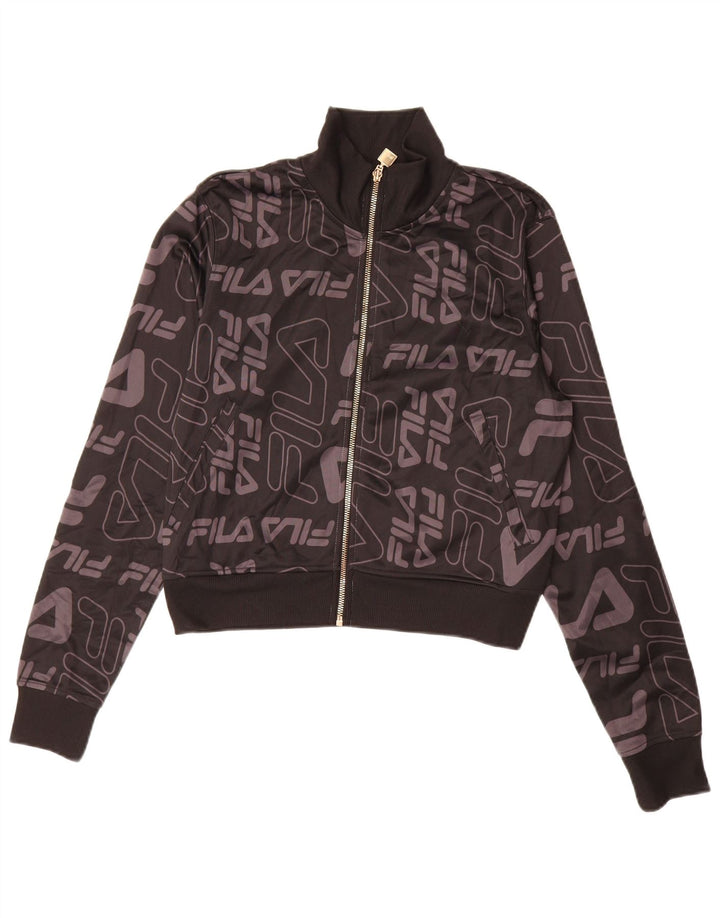 FILA Womens Graphic Tracksuit Top Jacket UK 12 Medium Black Polyester