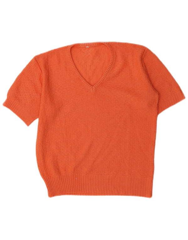Vintage Womens Short Sleeve V-Neck Jumper Sweater UK 14 Medium Orange