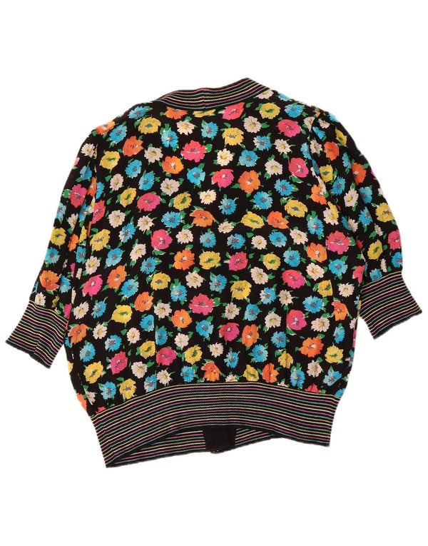Vintage Womens 1/2 Sleeve Cardigan Top IT 46 Large Black Floral Silk Retro