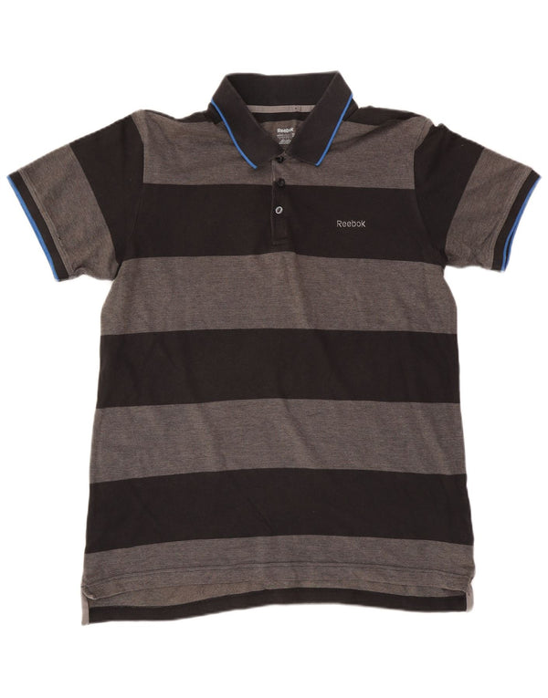 Reebok Mens Rugby Polo Shirt Large Grey Striped Cotton