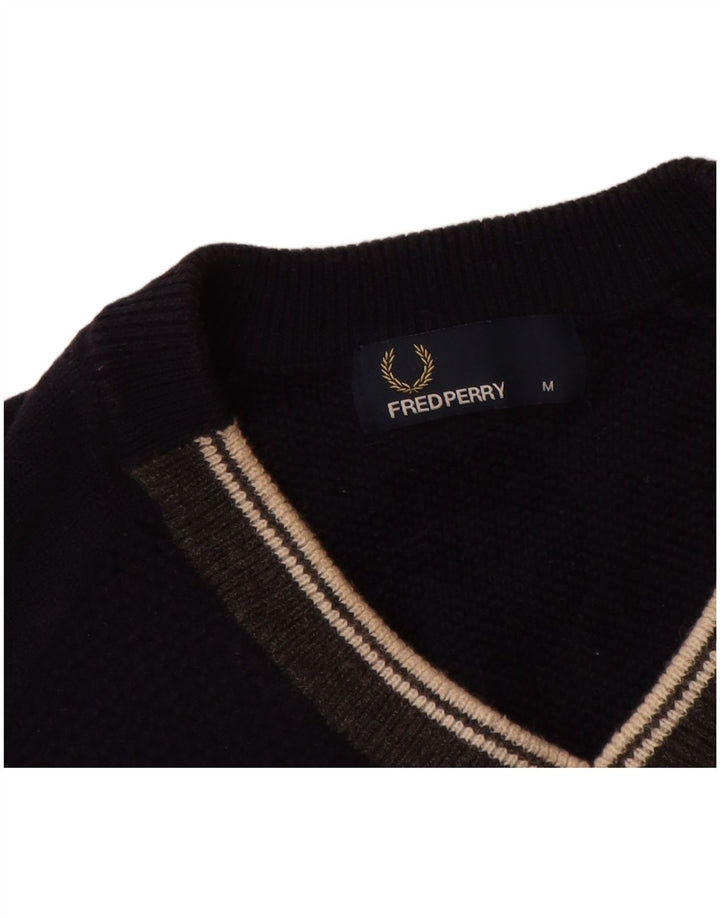 FRED PERRY Mens V-Neck Jumper Sweater Medium Navy Blue Wool