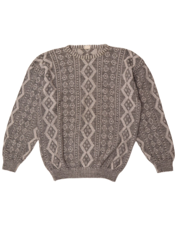 Vogue Mens Crew Neck Jumper Sweater Medium Grey Geometric Cotton