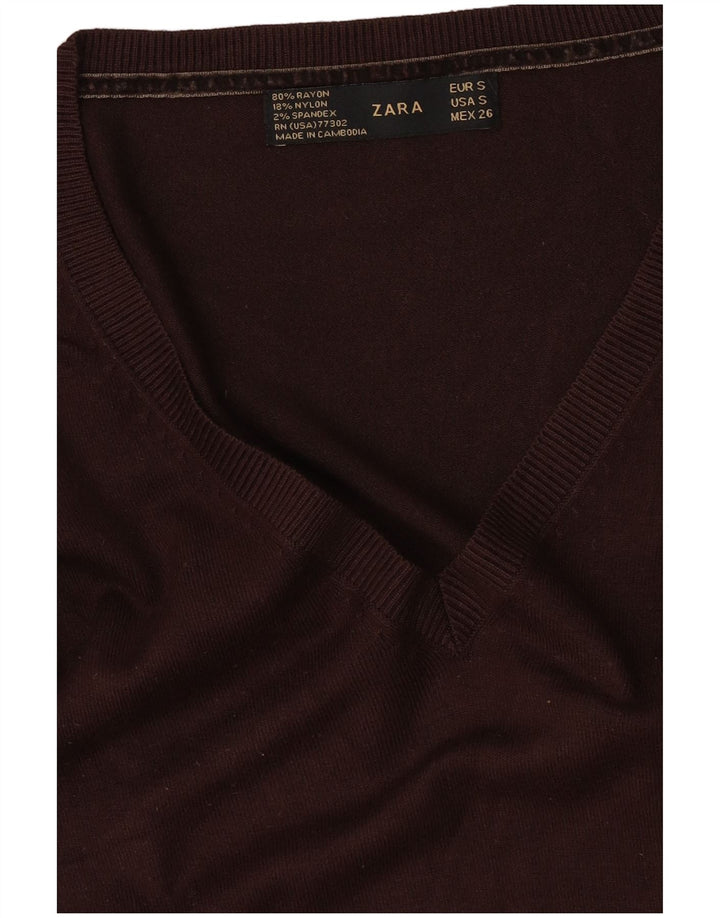 Zara Womens V-Neck Jumper Sweater UK 10 Small Brown Rayon
