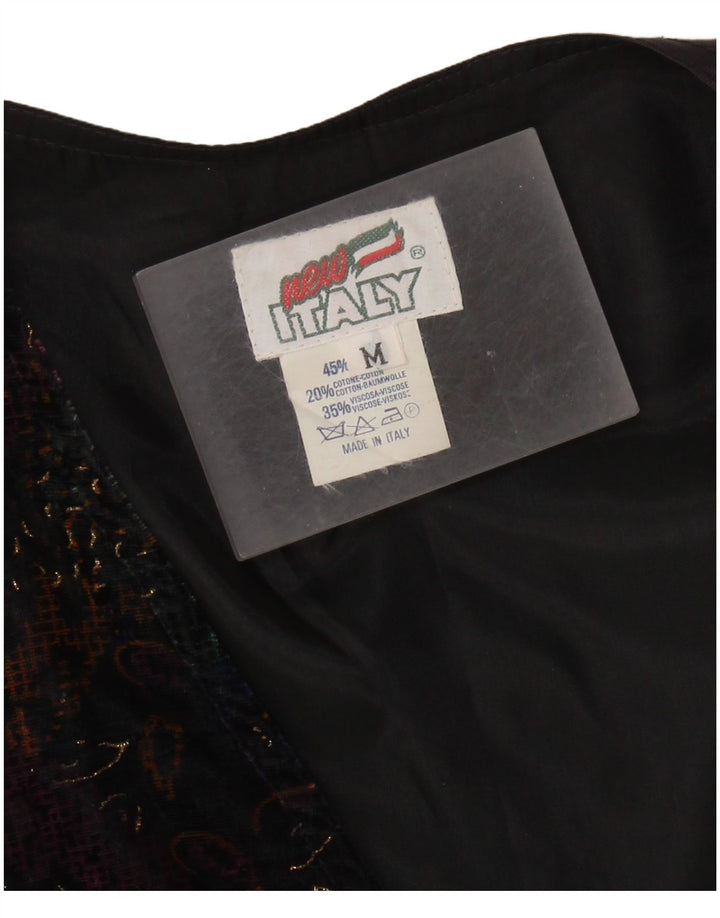 VINTAGE Womens Velvet Waistcoat UK 14 Medium Black Paisley Cotton