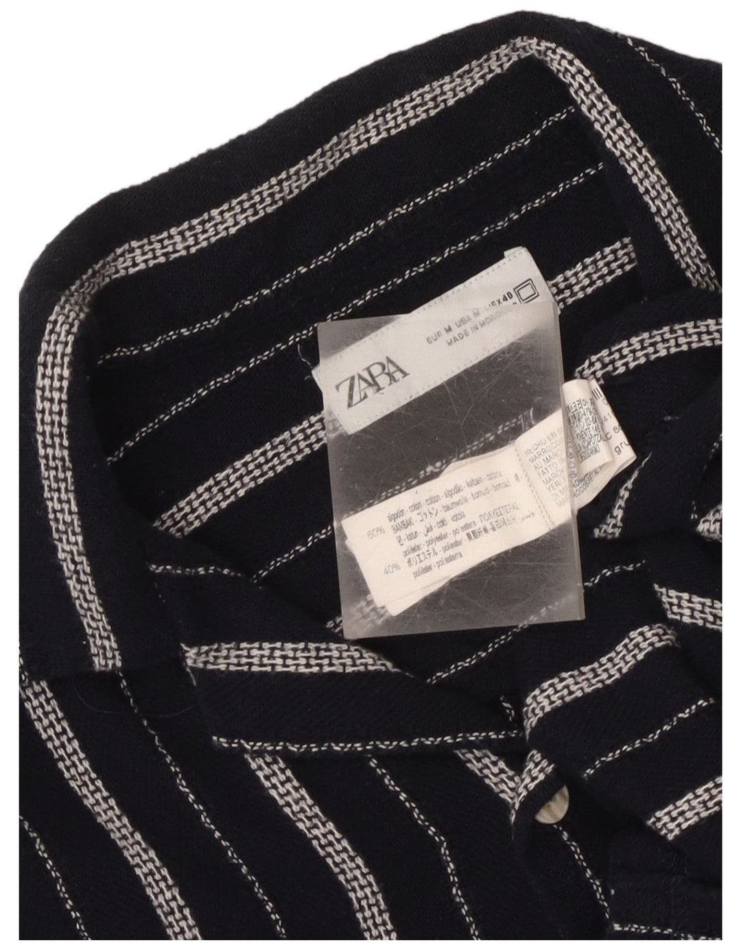 Zara Mens Short Sleeve Shirt Medium Navy Blue Striped Cotton