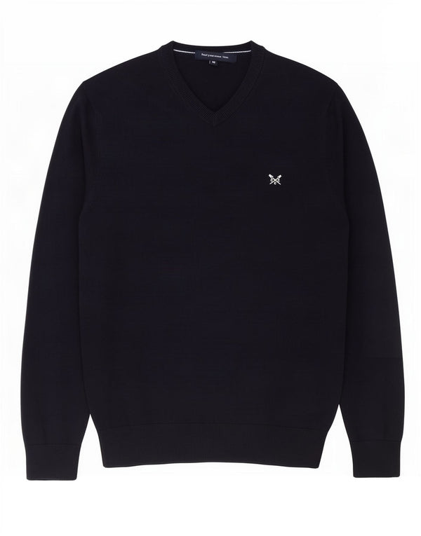 Crew Clothing Mens V-Neck Jumper Sweater Medium Navy Blue Cotton