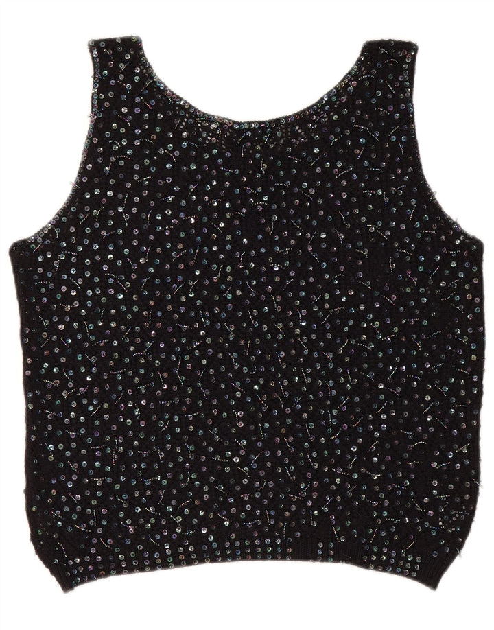 Effeci Womens Crop Vest Tank Top UK 14 Medium Black Acrylic