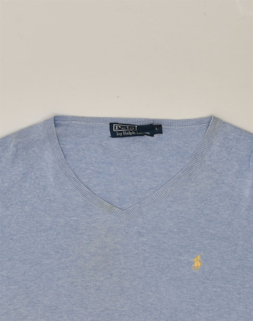 POLO RALPH LAUREN Mens V-Neck Jumper Sweater  Large Blue Cotton | Vintage Polo Ralph Lauren | Thrift | Second-Hand Polo Ralph Lauren | Used Clothing | Messina Hembry 