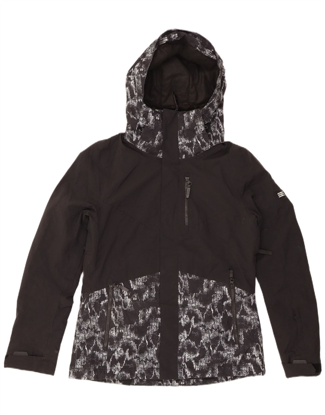 O'NEILL Womens Abstract Pattern Hooded Rain Jacket UK 14 Medium Black
