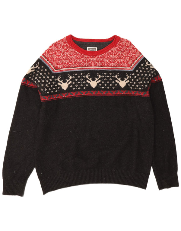 Fat Face Mens Boat Neck Jumper Sweater 2XL Black Fair Isle Wool