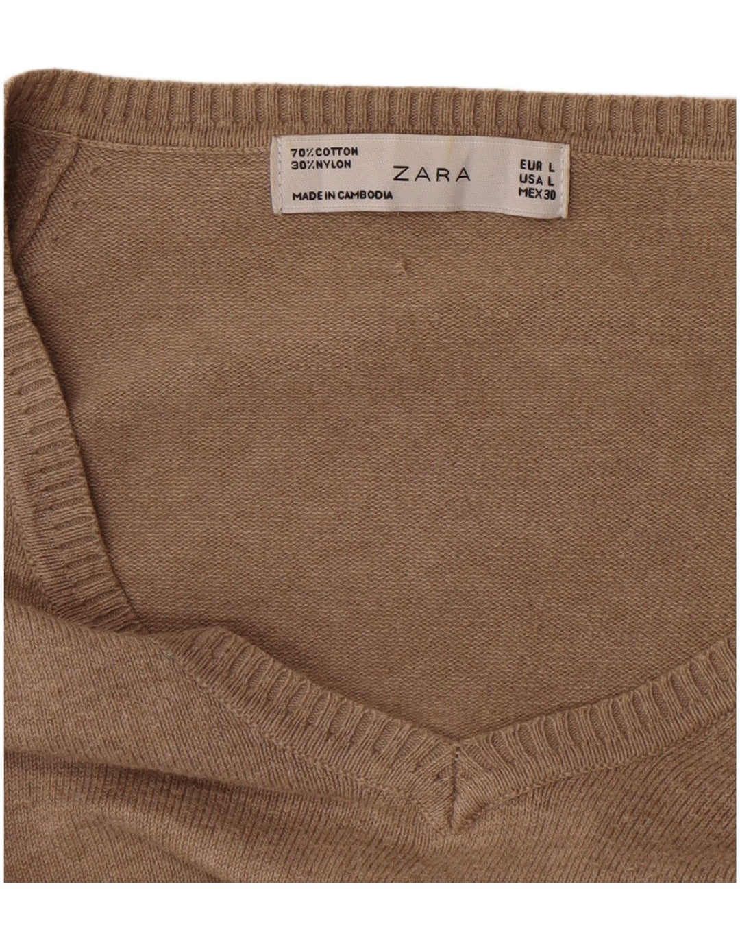 Zara Womens V-Neck Jumper Sweater UK 14 Large Brown Cotton