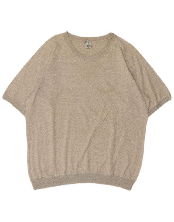 Vintage Mens Short Sleeve Crew Neck Jumper Sweater Large Beige Flecked