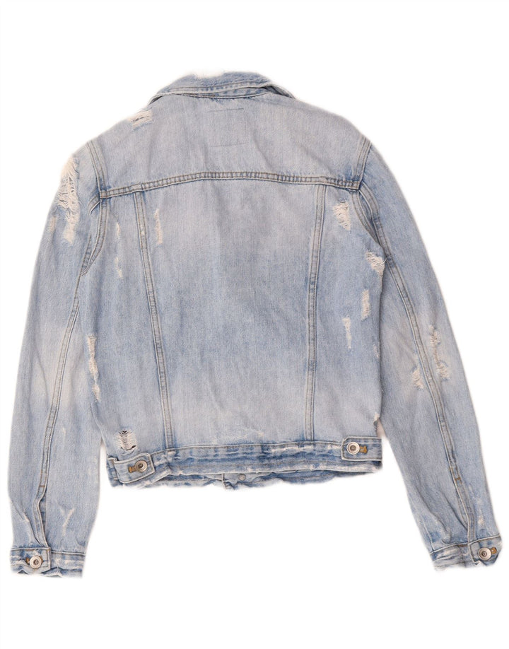 ZARA Womens Distressed Denim Jacket UK 6 XS Blue Cotton
