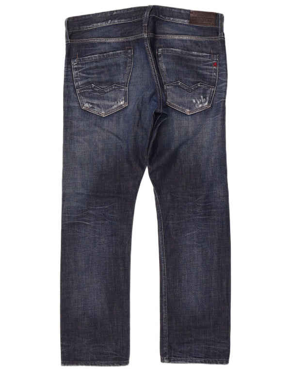 Replay Mens Distressed Straight Jeans W34 L31 Blue Cotton
