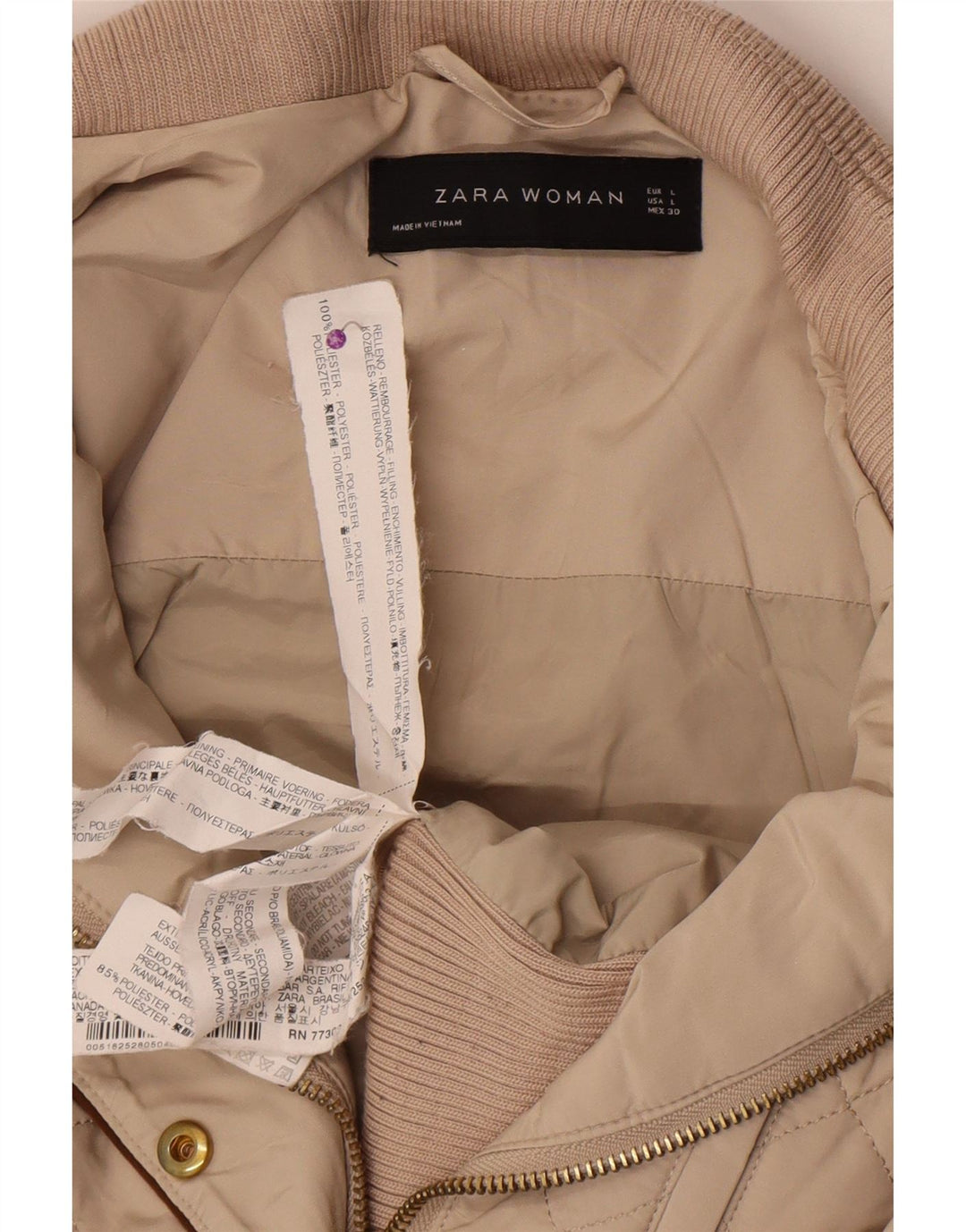 Zara Womens Quilted Jacket UK 14 Large Beige Polyester