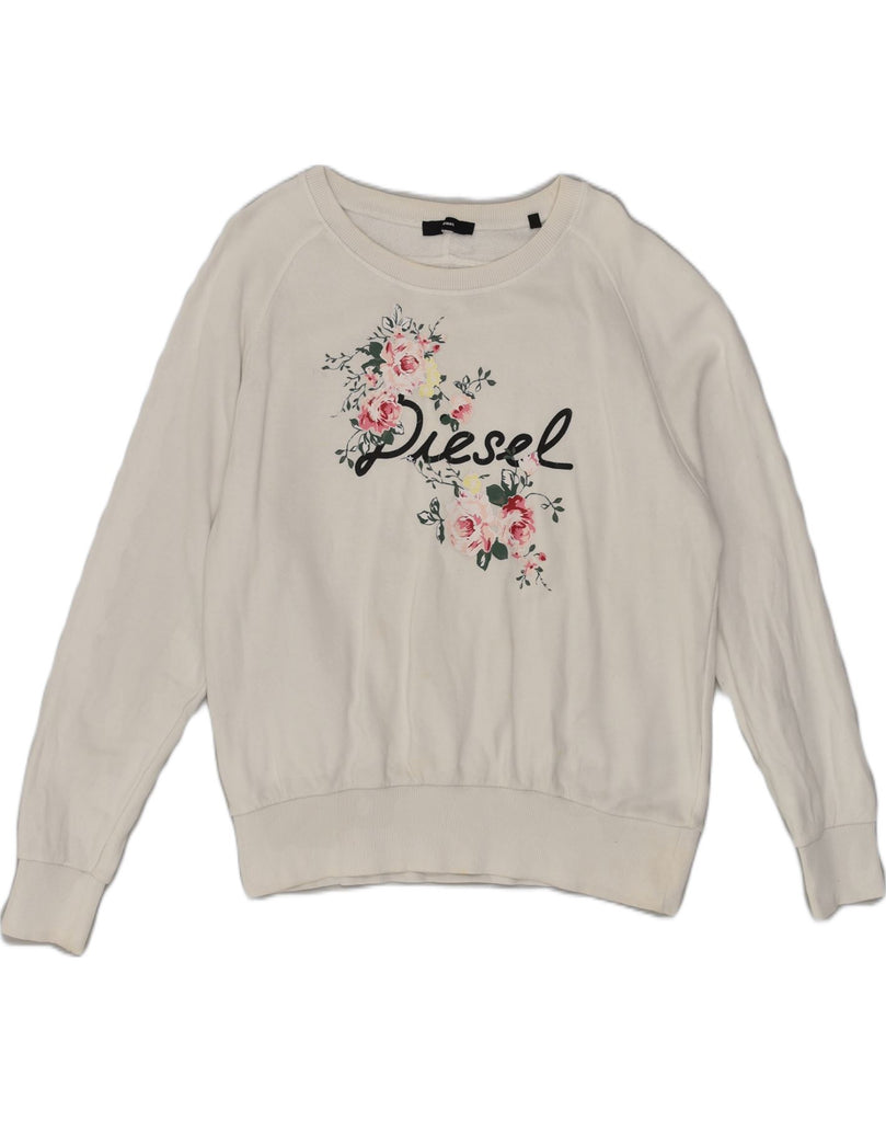 DIESEL Womens Graphic Sweatshirt Jumper UK 10 Small Off White Floral | Vintage Diesel | Thrift | Second-Hand Diesel | Used Clothing | Messina Hembry 