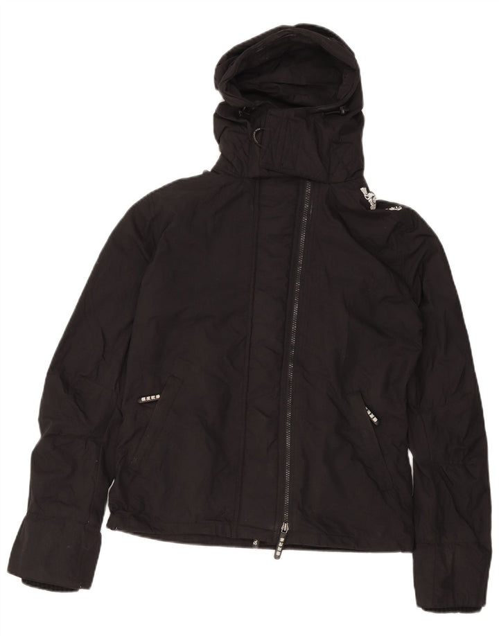 SUPERDRY Womens Graphic Hooded Rain Jacket UK 14 Medium Black Nylon