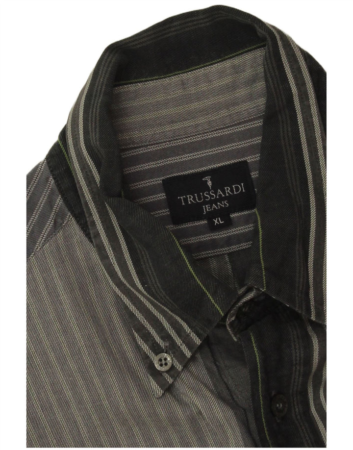 Trussardi Jeans Mens Shirt XL Grey Striped Cotton