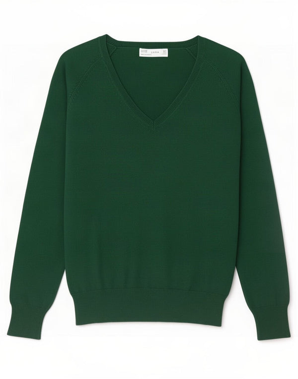 Zara Womens V-Neck Jumper Sweater UK 14 Large Green Cotton