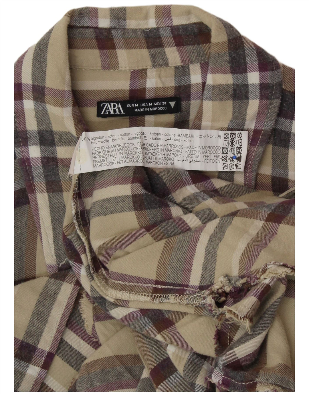 ZARA Womens Oversized Flannel Shirt UK 14 Medium Beige Plaid Cotton