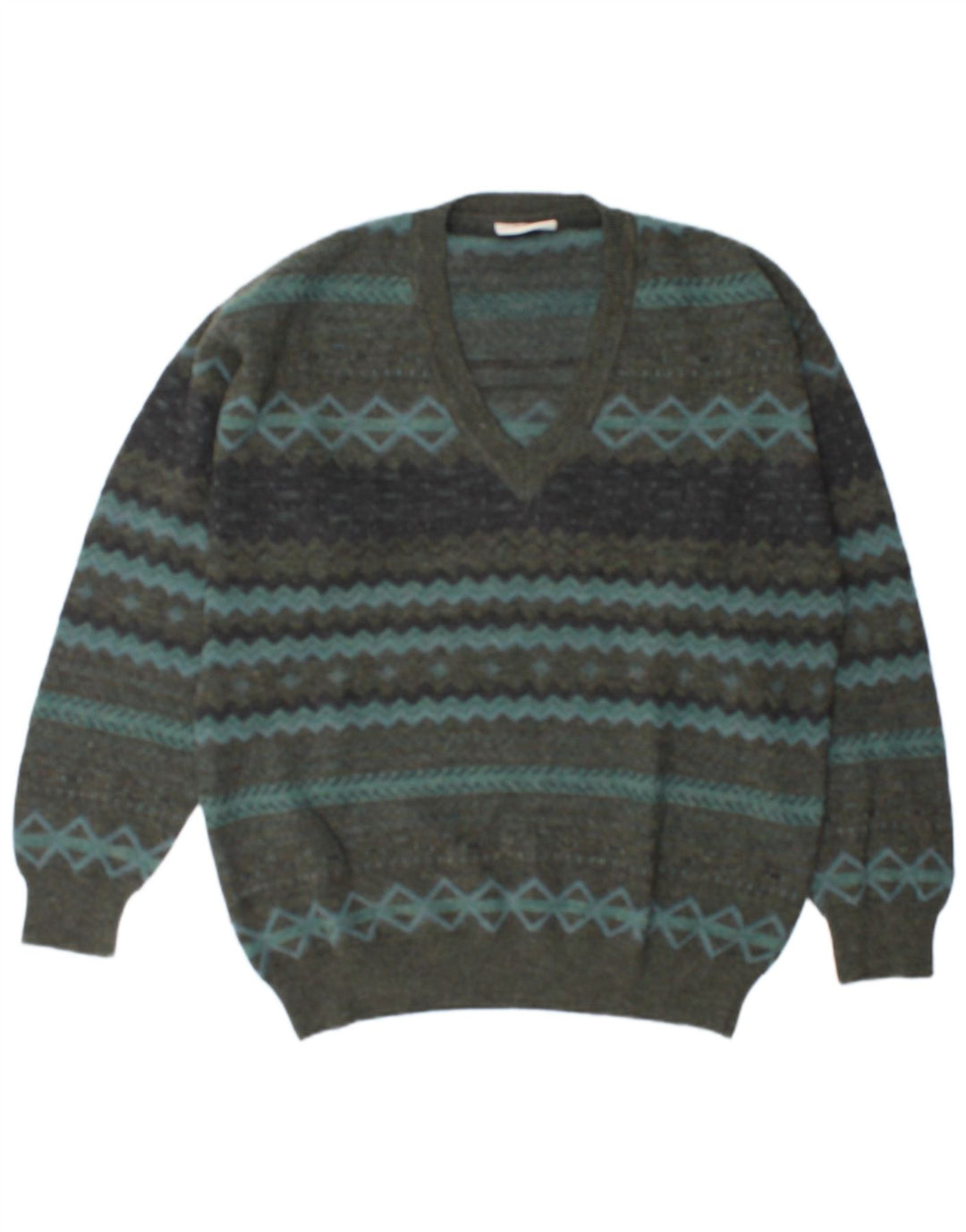 Rodes Mens V-Neck Jumper Sweater XL Green Geometric Wool