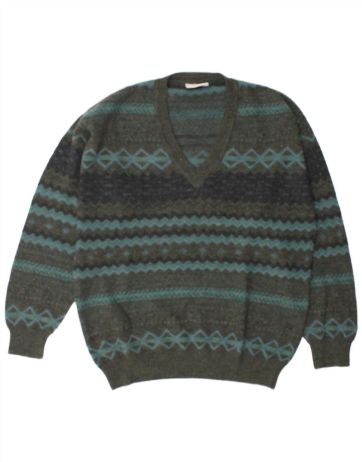 Rodes Mens V-Neck Jumper Sweater XL Green Geometric Wool