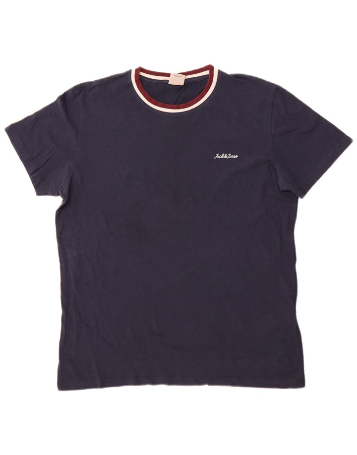 JACK & JONES Mens T-Shirt Top Large Navy Blue Cotton