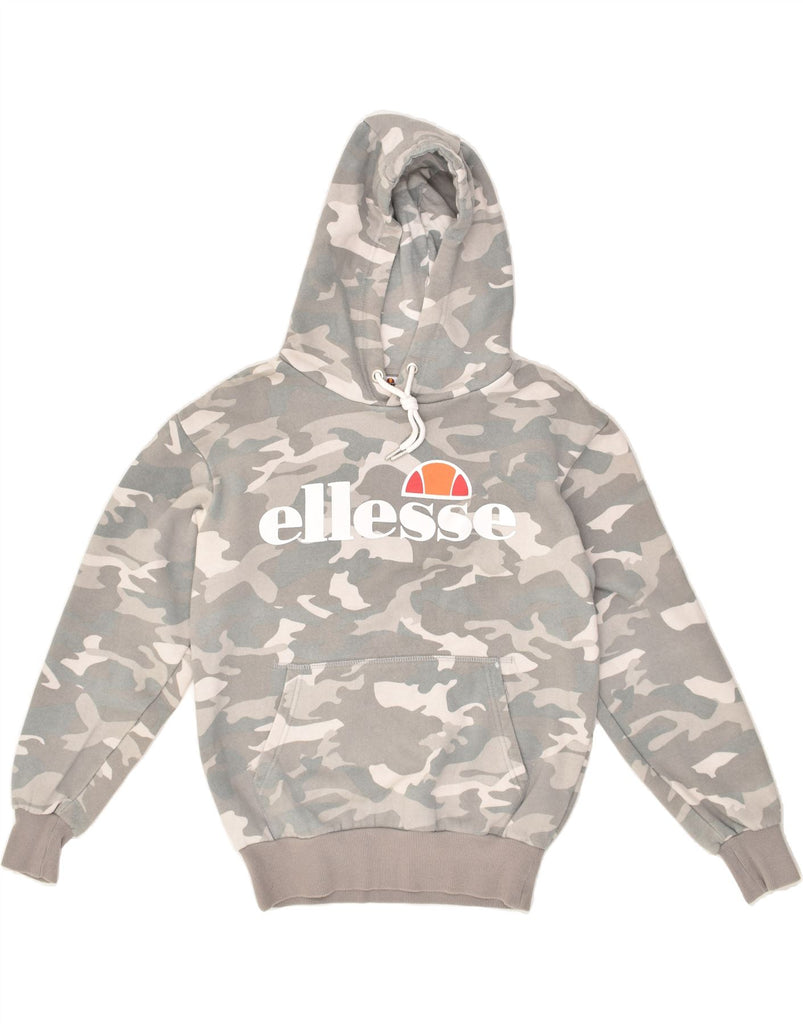 ELLESSE Womens Graphic Hoodie Jumper UK 8 Small Grey Camouflage Cotton | Vintage Ellesse | Thrift | Second-Hand Ellesse | Used Clothing | Messina Hembry 