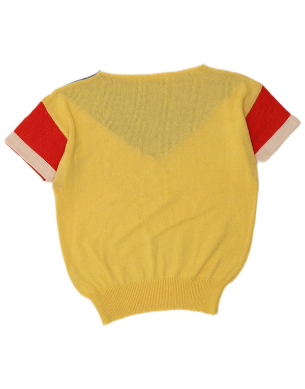 Vintage Womens Boat Neck Jumper Sweater UK 10 Small Yellow Colourblock