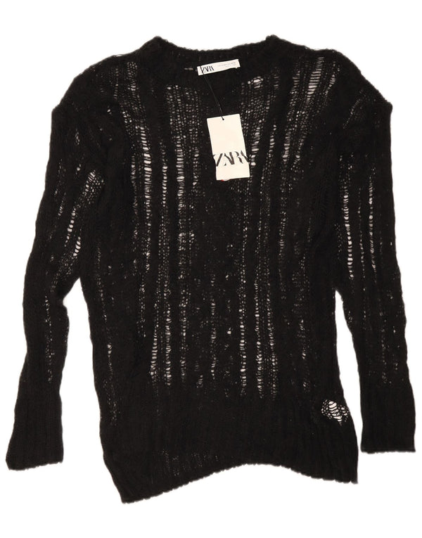 Zara Womens See Through Oversized Crew Neck Jumper Sweater UK 6 XS Black