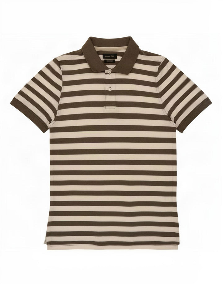 Massimo Dutti Mens Polo Shirt Large Brown Striped Cotton