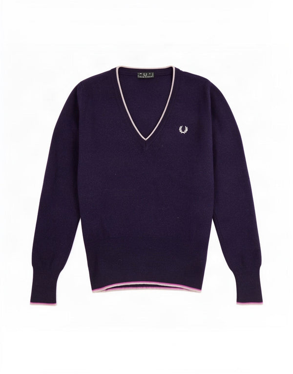 Fred Perry Womens V-Neck Jumper Sweater UK 8 Small Navy Blue Wool