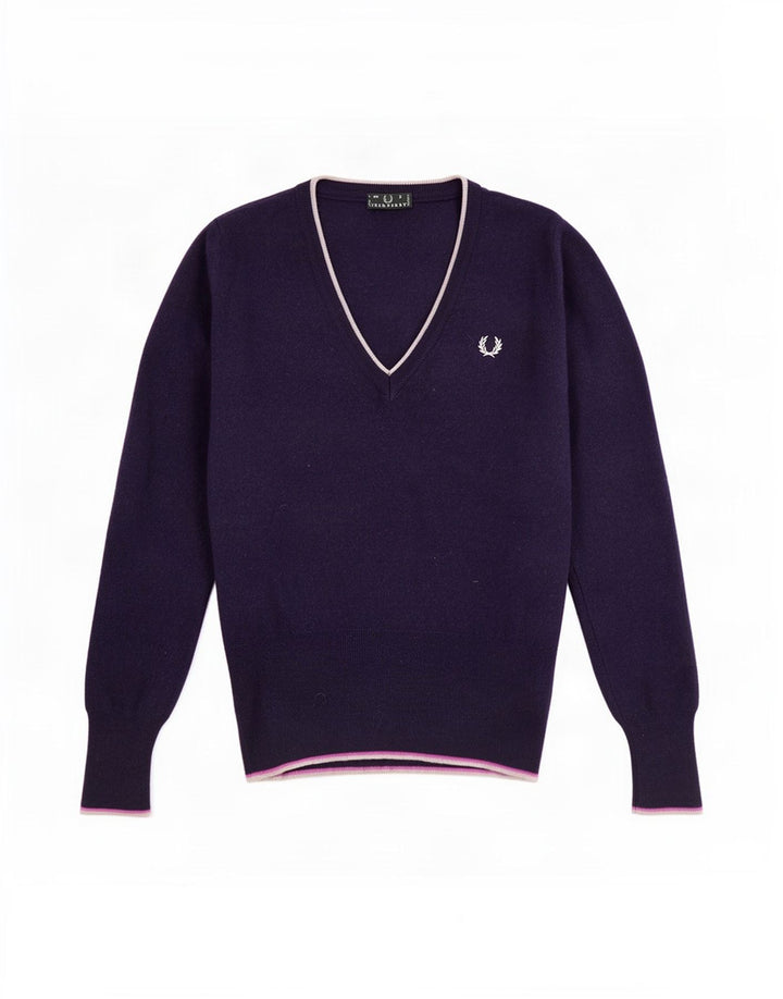 Fred Perry Womens V-Neck Jumper Sweater UK 8 Small Navy Blue Wool