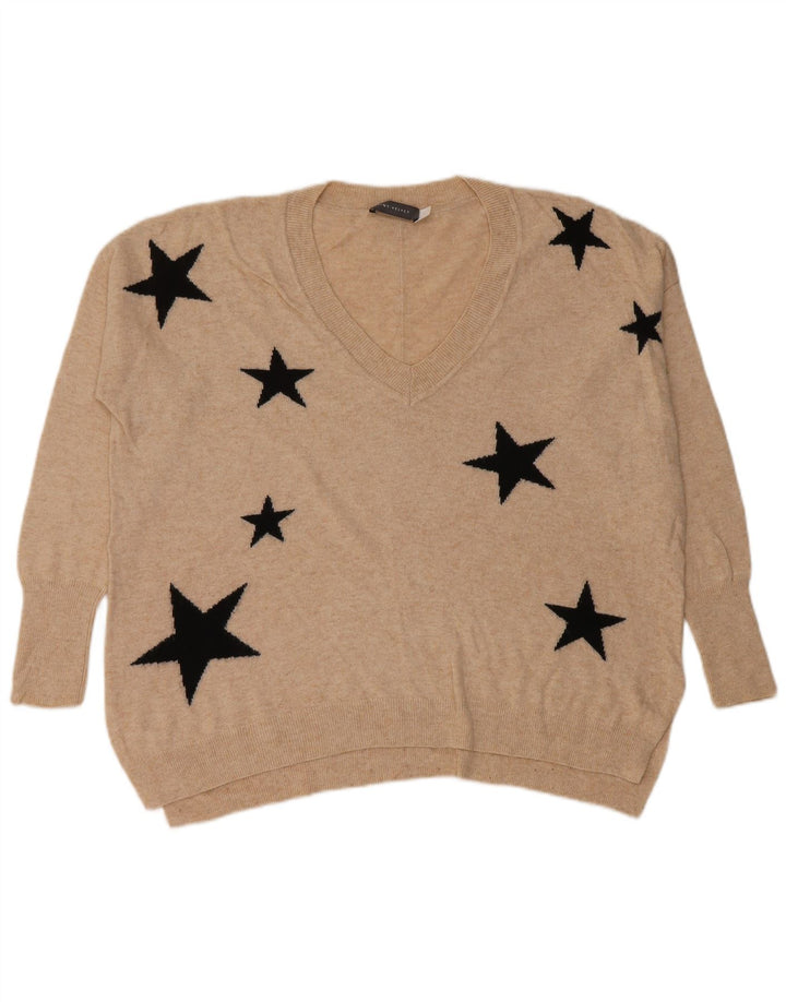 MINT VELVET Womens Abstract Pattern V-Neck Jumper Sweater UK 10 Small Beige