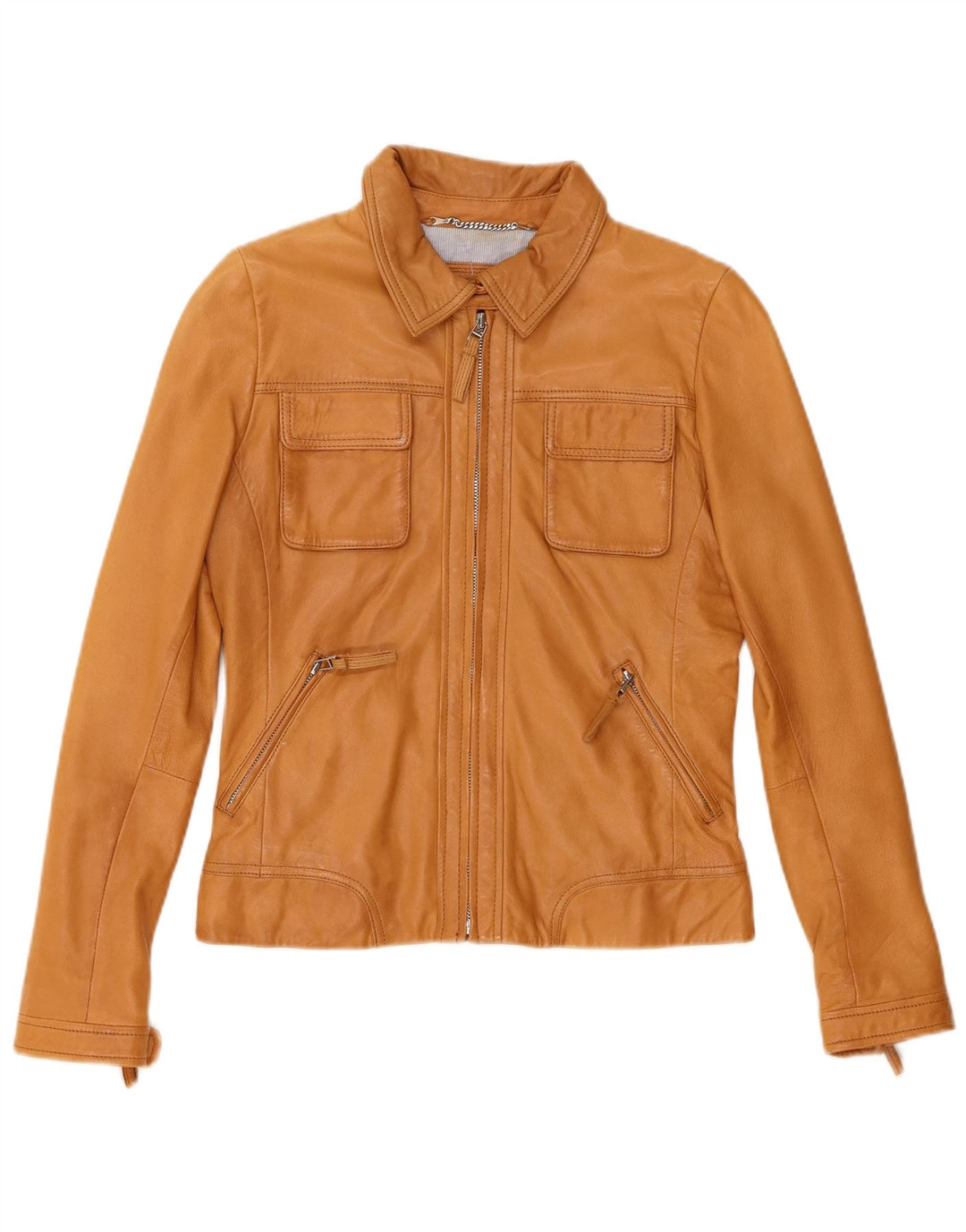 Massimo Dutti Womens Crop Leather Jacket UK 12 Medium Beige Sheepskin