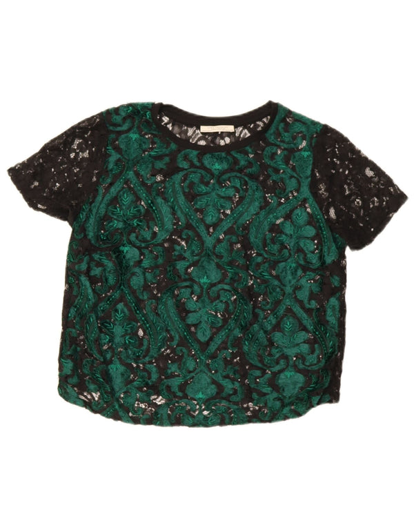 Zara Womens Crop Blouse Top UK 14 Medium Green Paisley
