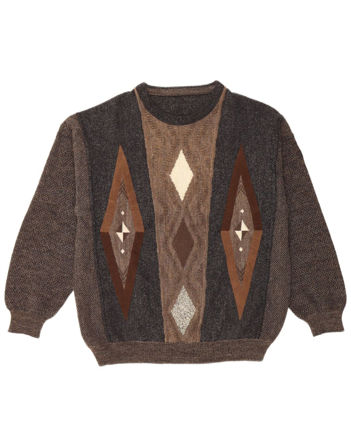 VINTAGE Mens Crew Neck Jumper Sweater IT 50 Large Brown Geometric Wool