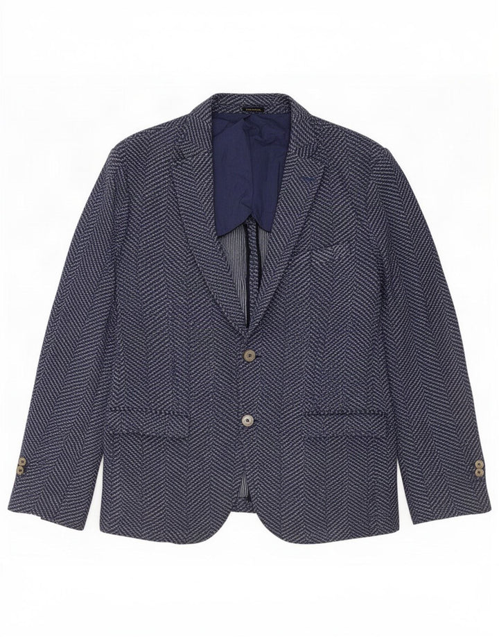Massimo Dutti Mens 2 Button Blazer Jacket UK 36 Small Navy Blue Herringbone