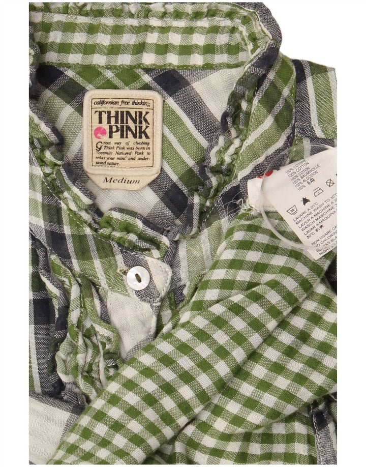 Think Pink Womens Ruffle Front Shirt Dress UK 14 Medium Green Check Cotton