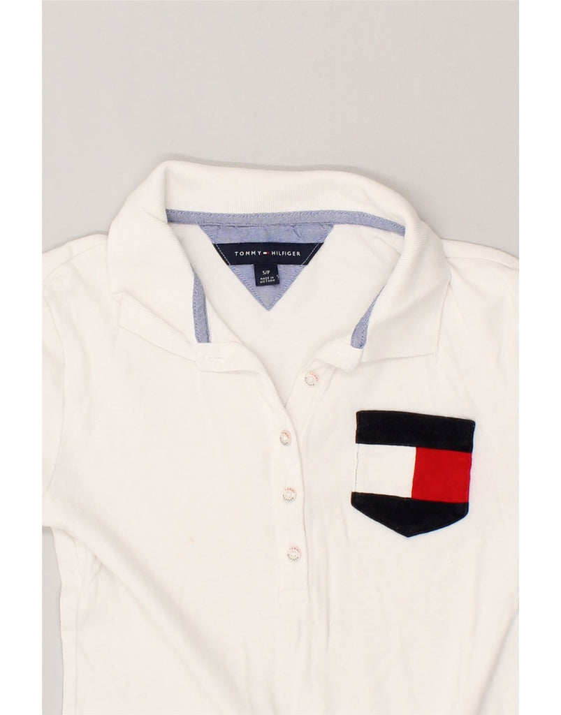 TOMMY HILFIGER Womens Graphic Polo Shirt UK 10 Small White Cotton Logo | Vintage Tommy Hilfiger | Thrift | Second-Hand Tommy Hilfiger | Used Clothing | Messina Hembry 