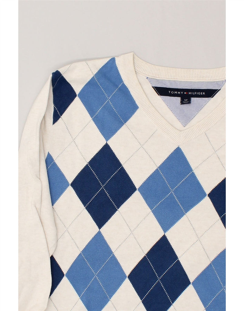 TOMMY HILFIGER Mens V-Neck Jumper Sweater Small White Argyle/Diamond | Vintage Tommy Hilfiger | Thrift | Second-Hand Tommy Hilfiger | Used Clothing | Messina Hembry 