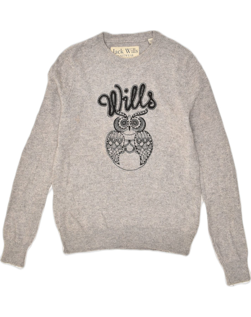 JACK WILLS Womens Graphic Crew Neck Jumper Sweater UK 10 Small Grey | Vintage Jack Wills | Thrift | Second-Hand Jack Wills | Used Clothing | Messina Hembry 