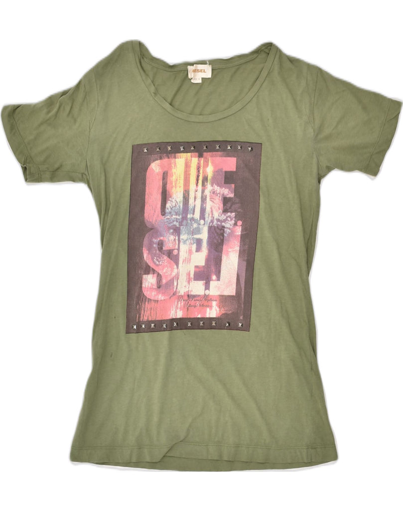 DIESEL Womens Graphic T-Shirt Top UK 10 Small Khaki Cotton | Vintage Diesel | Thrift | Second-Hand Diesel | Used Clothing | Messina Hembry 