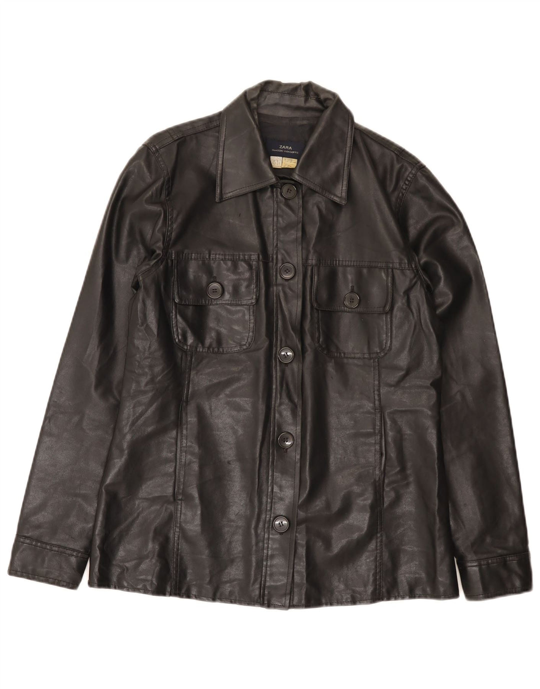 Zara Womens Faux Leather Utility Jacket EU 38 Small Black Cotton