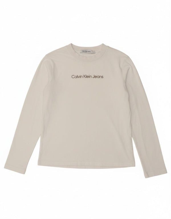 Calvin Klein Jeans Womens Crop Graphic Top Long Sleeve UK 6 XS White Cotton