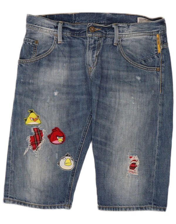 Meltin' Pot Mens Angry Birds Distressed Denim Shorts W29 Medium Blue Cotton