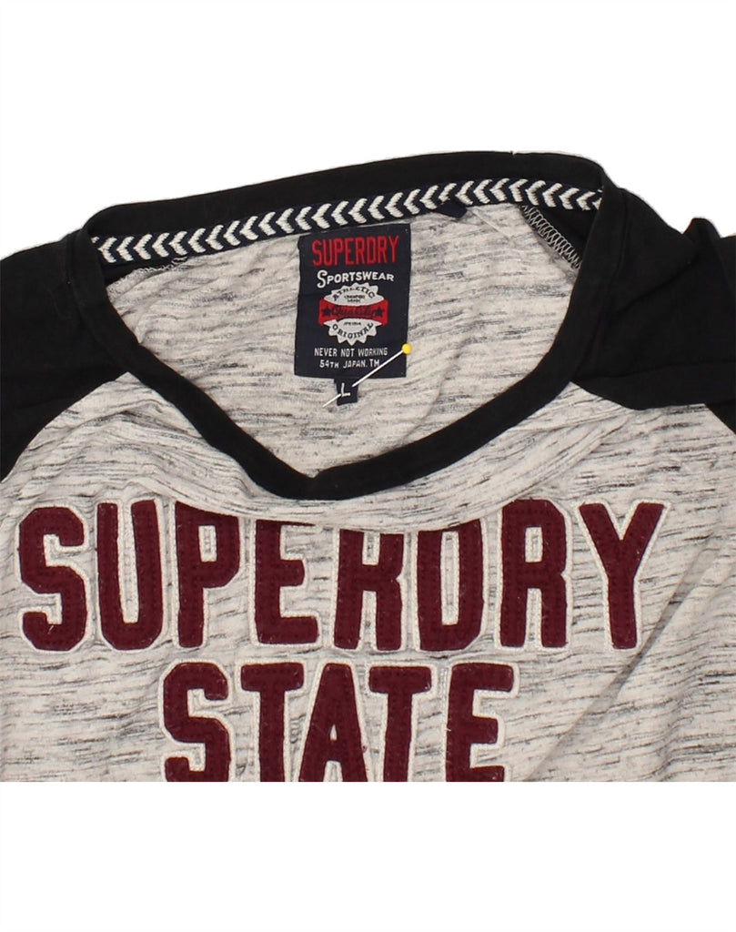 SUPERDRY Womens Graphic Top 3/4 Sleeve UK 14 Large Grey Colourblock Cotton | Vintage Superdry | Thrift | Second-Hand Superdry | Used Clothing | Messina Hembry 