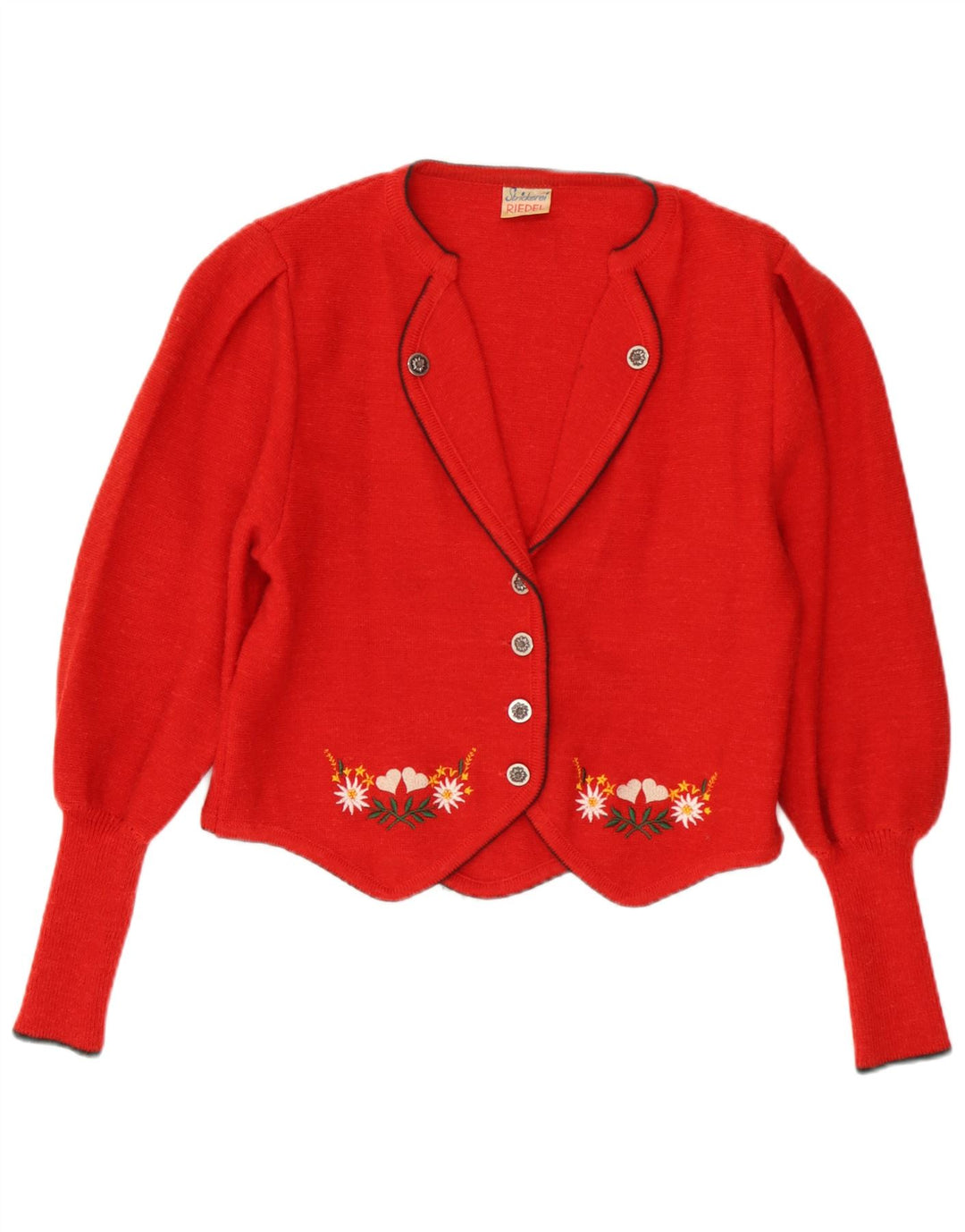 Vintage Womens Cardigan Sweater EU 42 Large Red Floral Wool