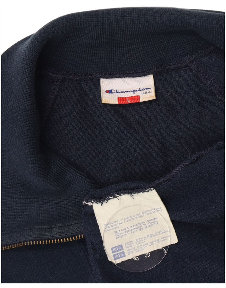 Champion Mens Zip Neck Graphic Top Long Sleeve Large Navy Blue Colourblock