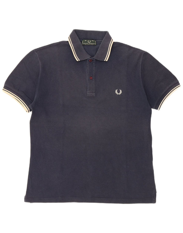 Fred Perry Mens Polo Shirt Medium Navy Blue Striped Cotton